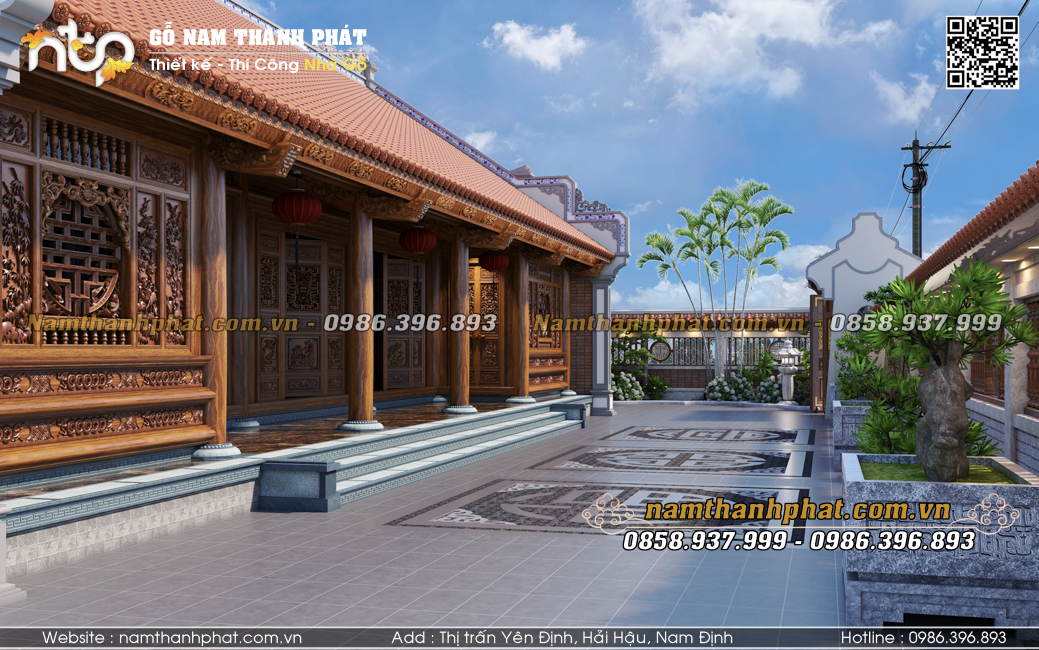 Cảnh quan sân vườn của mẫu nhà gỗ 5 gian hai buồng lồi